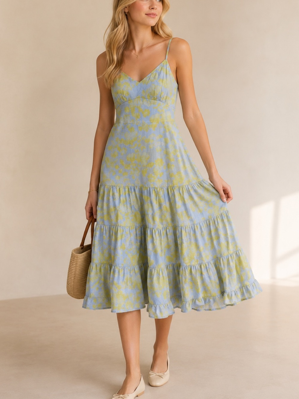 Fresh Produce Light Blue & Yellow Floral Tiered Midi Dress Medium 54745